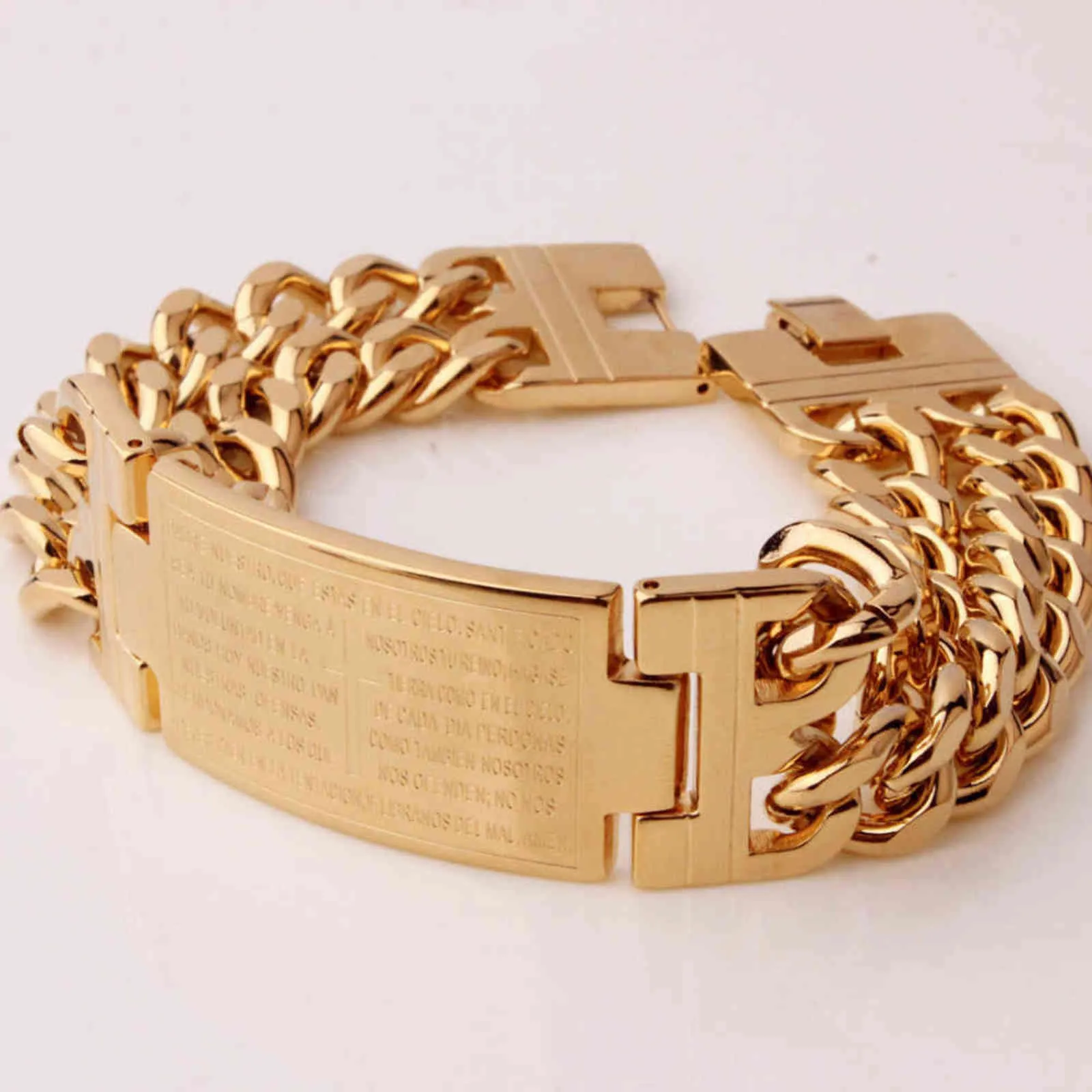 Mäns Religiösa Guld Pure Rostfritt Stål Spanska Bibelkors ID Dubbel Row Chain Armband 23mm 9 "Kvalitet