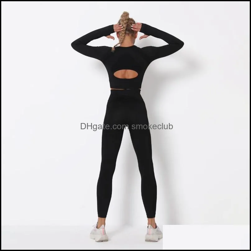 Yoga Outfits Women Seamless Set Gym Clothing Fitness Leggings Cropped Shirts Sport Suit Long Sleeve Tracksuit Active Wear #2002