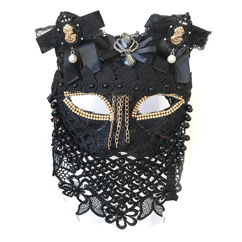 Black White Pearl Beading Veil Mask Bar Nightclub Party Show Women Masked Singer Props Halloween Cosplay Cat Masks Accessories