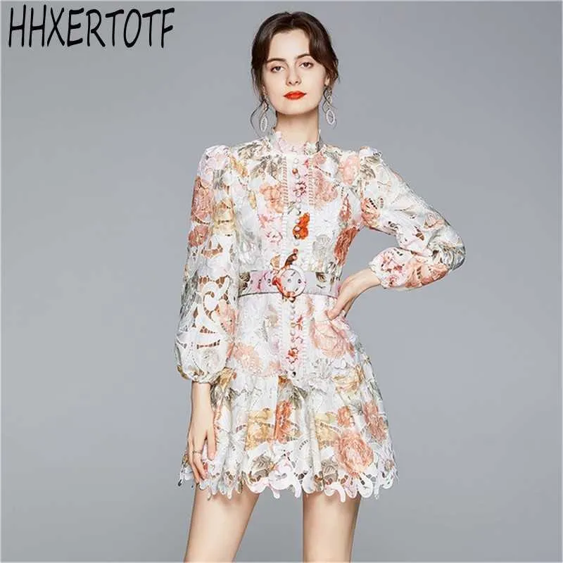 Autumn Fashion Designer Single-Breasted Lantern Sleeve Women Printed Brodery Lace Cutout Puff Sleeve Mini Dress 210531