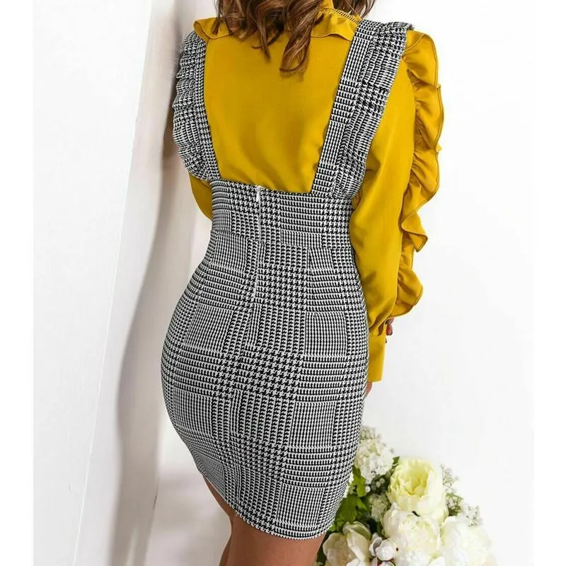 Chic Women s Check Dog Tooth Frill Ruffle Pinafore Dress High Waist Bodycon Mini Dress for Summer Beach Parties