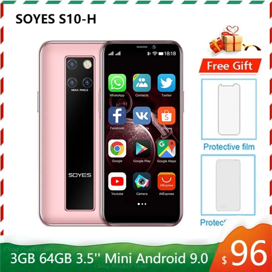 Ultra-tunn mini-mobiltelefoner Låst upp smartphone Soyes S10-H Support Google Play Store 64 GB Android 9.0 Dual Card 4G LTE Student Mobiltelefon Face Erkännande