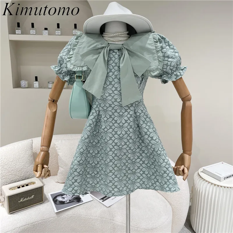 Kimutomo Bow col rabattu robe femmes solide mince taille haute manches courtes bouffantes vêtements femme printemps été 210521