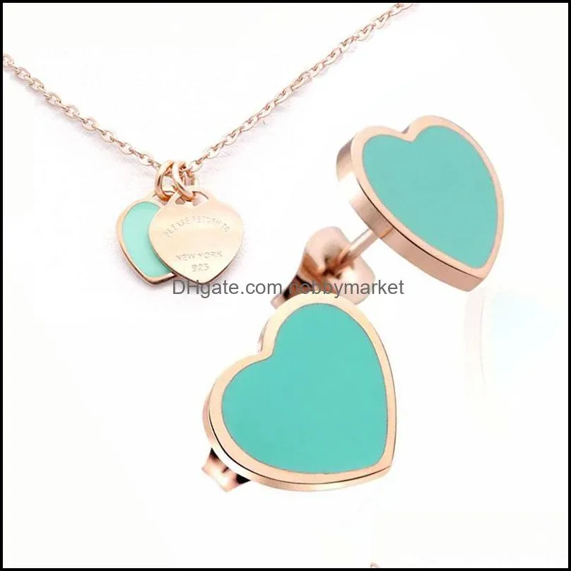 Newest Silver Gold Vintage enamel PINK Green Heart Charms Necklace and Earring Jewelry set Pendant Luxury Women Men chain Stainless T letters Jewellry