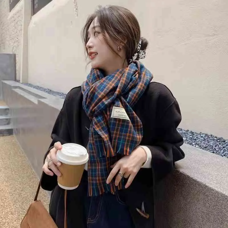 Han Fan Ins Trendy Blue Plaid Sjaal Dames Winter Lange Koreaanse Veelzijdige Warm Bib