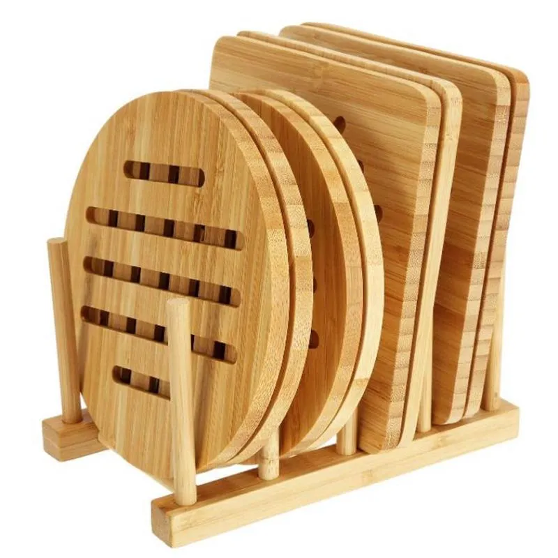 Mats Pads Bamboo Trivets med skålhållare, bambu trivet, värmebeständig matta för förvaringshyllor, kruka, skål, tekanna, etc