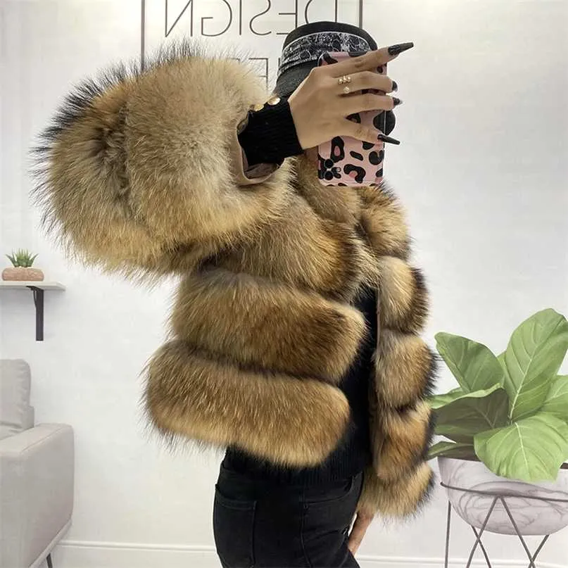 Kobiety Zimowe Ubrania Prawdziwe Futro Raccoon Round Neck Coat Natural Silver Fluffy Ciepła Gruba Kurtka Duży Rozmiar Żeńskie Płaszcze 211220