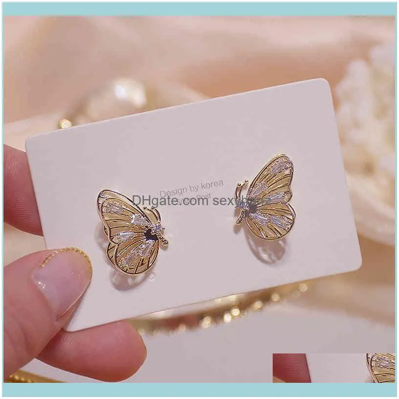 14k Real Gold Luxury Hollow Butterfly Women Earring Bling Crystal Zircon Dazzling Stud Wedding Engagement Jewelry