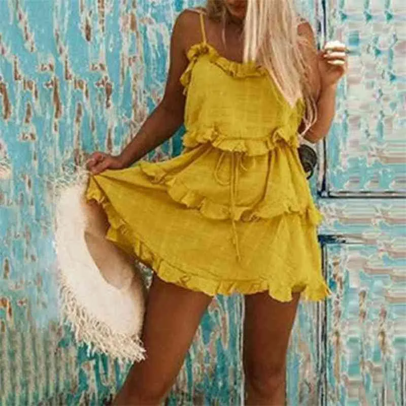 Summer Holiday Beach Women Lovely Mini Dresses Spaghetti Strap Stringy Selvedge Lace-up Yellow Fashion Travel Sexy Vestidos 210517