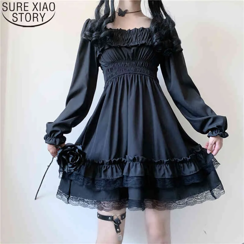 Japanse Lolita Style Dames Prinses Zwart Mini Jurk Slash Neck Hoge Taille Bladerdeeg Mouw Kant Ruffles Party Jurken 12991 210417