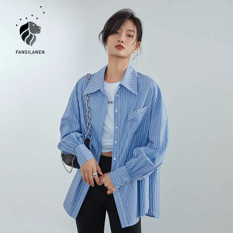 Fansilanen Oversized Blue Striped Casual Blouse Shirt Kvinnor Streetwear Elegant Button Up Kvinna Långärmad Spring Top 210607