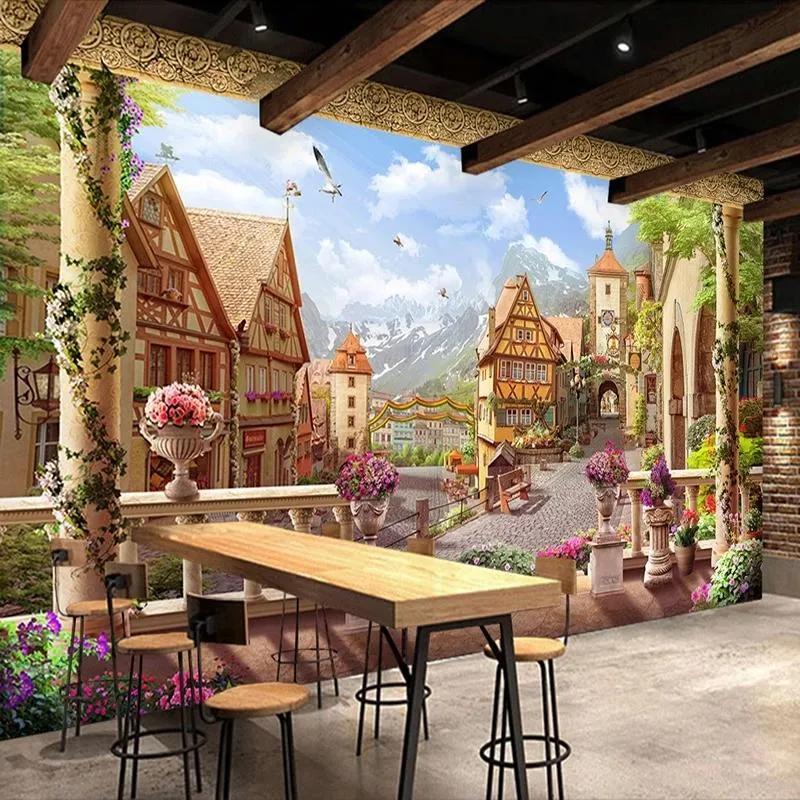 Bakgrundsbilder Anpassad storlek Väggmålning Europeisk stil Retro Fairy Tales Town Building PO 3D Självhäftande WALLPAPER Restaurang Cafe Backdrop Wall