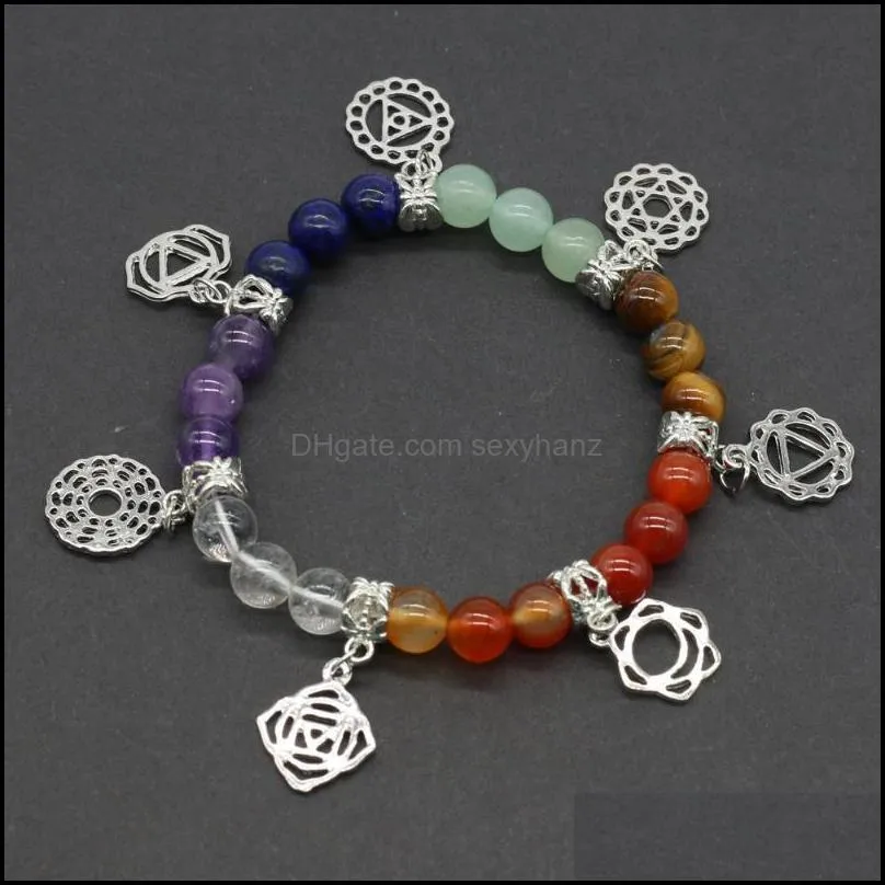 Bangle 18CM Natural Stone Seven Chakras Bracelet Charms Amethysts Rose Quartzs Beads For Women Jewerly Gift Size 8mm