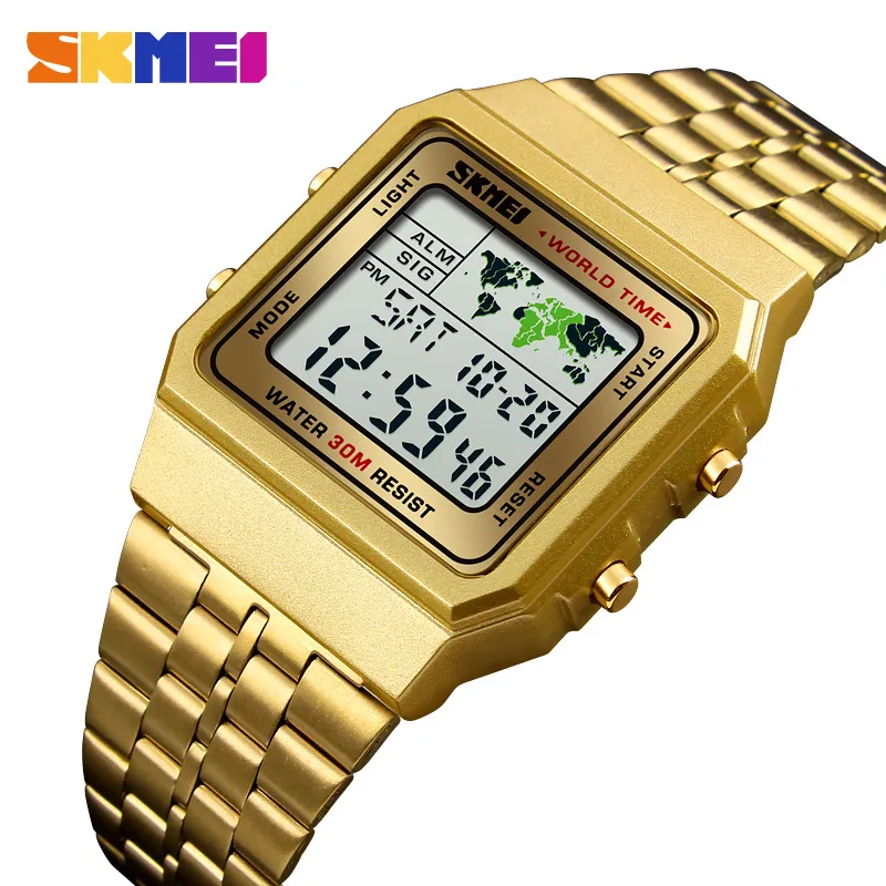 SKMEI Mens Watch Reloj Digital Hombre Watch Men Militär Vattentät Golden Watch StainlSteel Fashion Electronic Armbandsur X0524