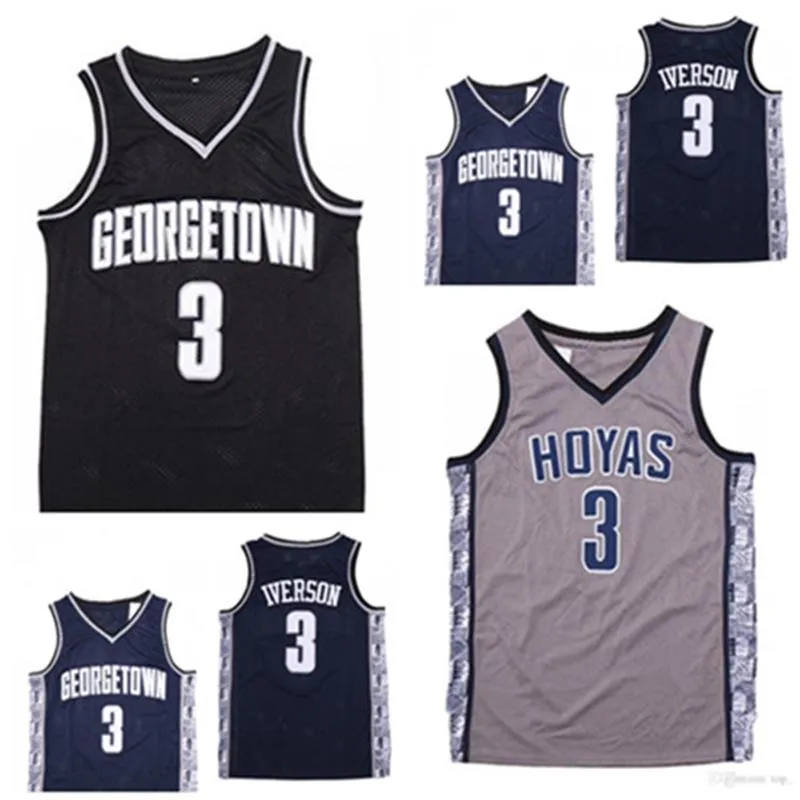 NCAA Mens Georgetown Hoyas Iverson College Allen Basketball Jersys 3 AI University 착용 크기 S-2XL 빠른 배송