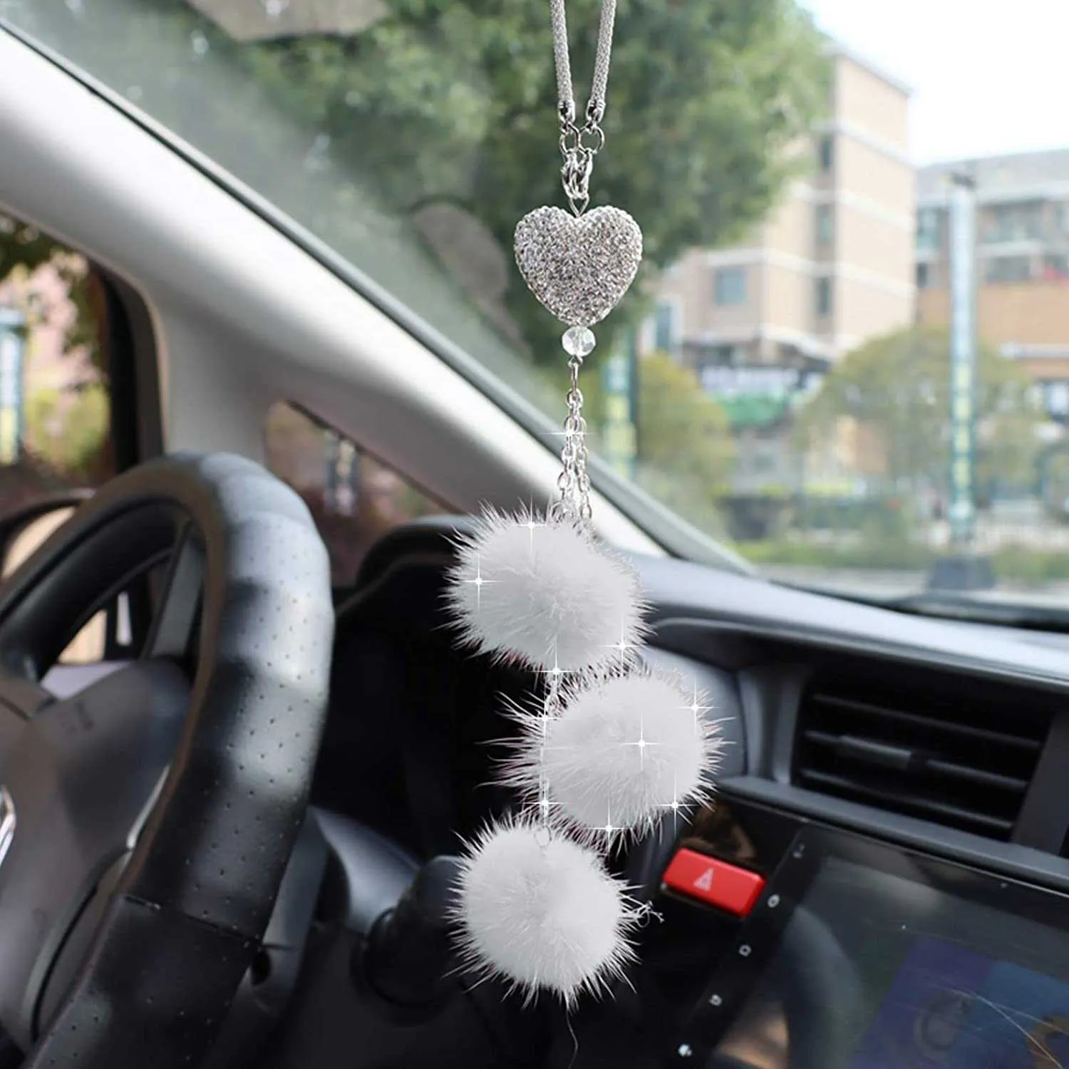 Accesorios ostentosos para espejo de coche para mujer, corazón de amor  ostentoso y bola de felpa rosa, diamantes de imitación ostentosos,  accesorios