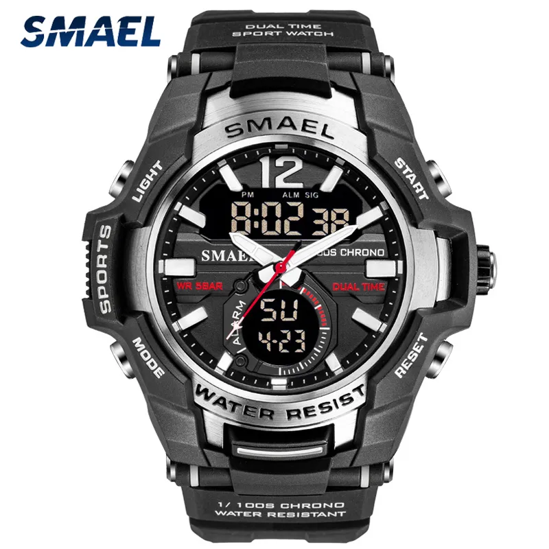 SMAEL Men's Sport Quartz Watch Men LED Digital 5ATM Waterproof Sport Military Watches Man Double Display Wristwatch Relogio Men X0524