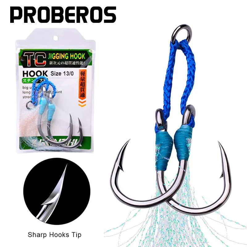 Hameçons de pêche PROBEROS 1 paquet Jig 1/0-3/0-5/0-7/0-9/0-11/0-13/0 # hameçons à plumes doubles à assistance robuste