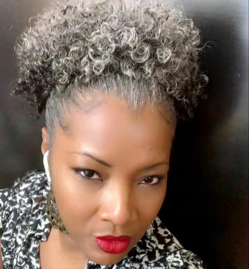 Real Indian Hair Grey Ponytail Extension Afro Updos Bun Gray Hairpiece