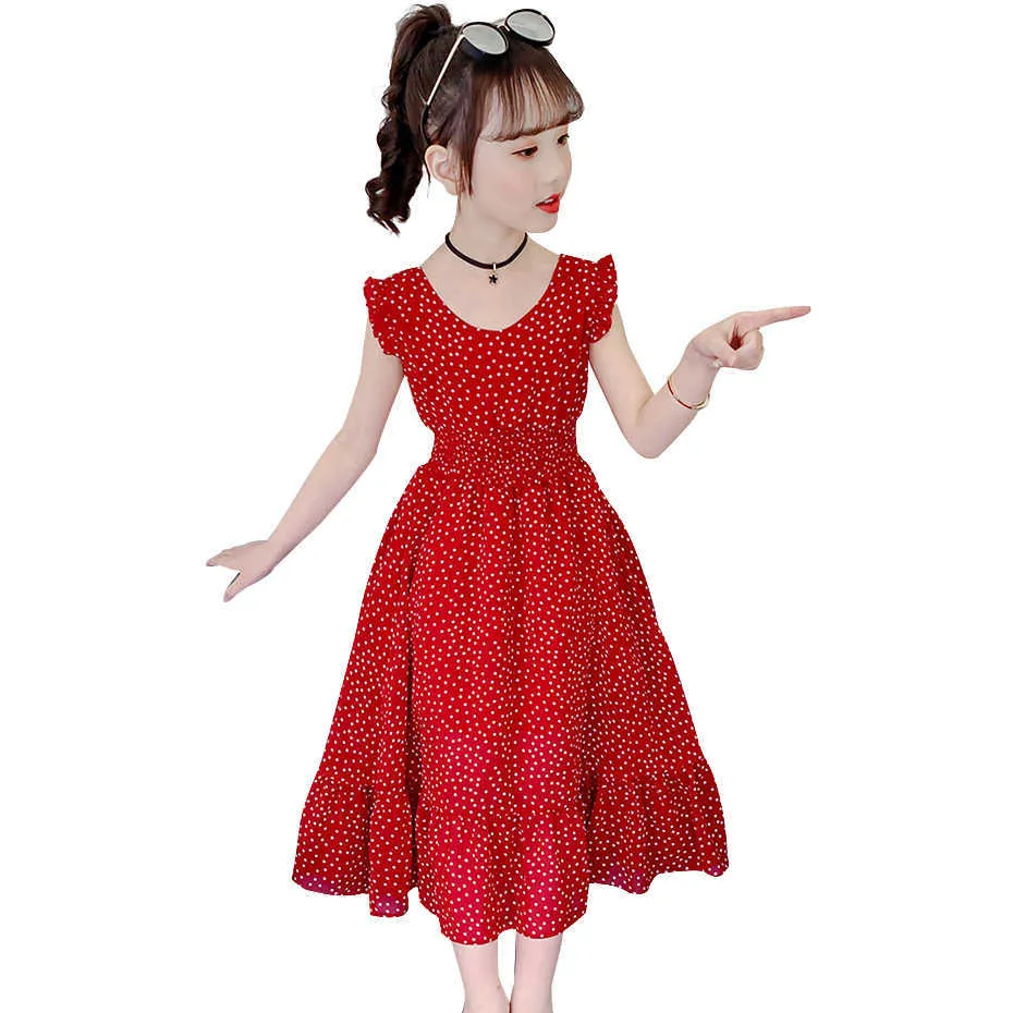 Meisje jurken dot patroon jurken voor meisje sleeveljildren zomer drteenage kleding voor meisjes 6 8 10 12 14 x0803