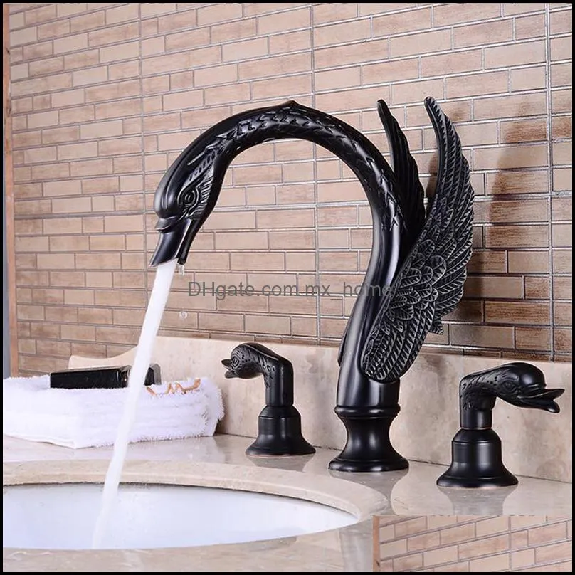 Tuqiu Bathroom basin brass faucet gold widespread Swan faucet black Tap luxury Basin Mixer Hot And Cold shower room sink