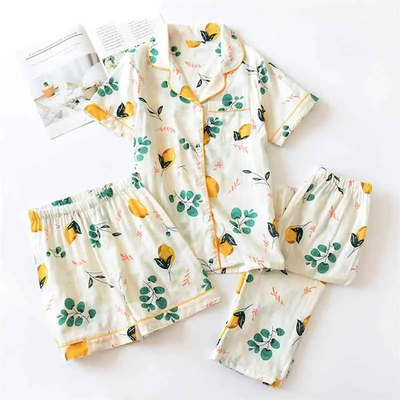 3 stücke Schöne Frucht Druck Sommer Dünne frauen Pyjamas Baumwolle Homewear Set Kurzarm Top + Hose + Shorts weibliche Nachtwäsche 210330