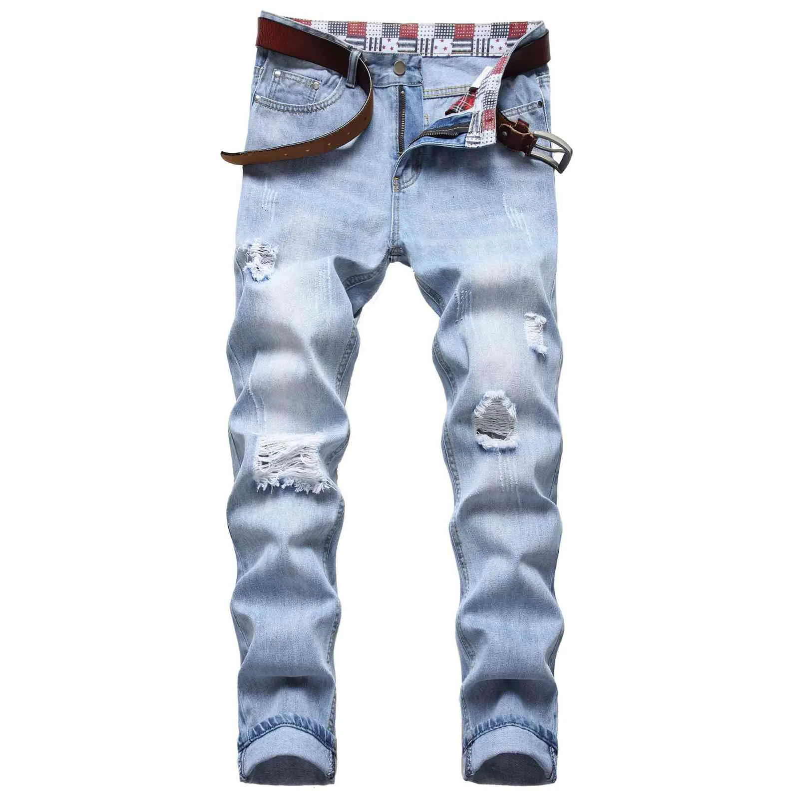 Tasarımcılar Erkekler Giyim Mens Jeans Gevşek Çok Delikli Açık Mavi Bel Olmayan Küçük Düz Pantolon250H