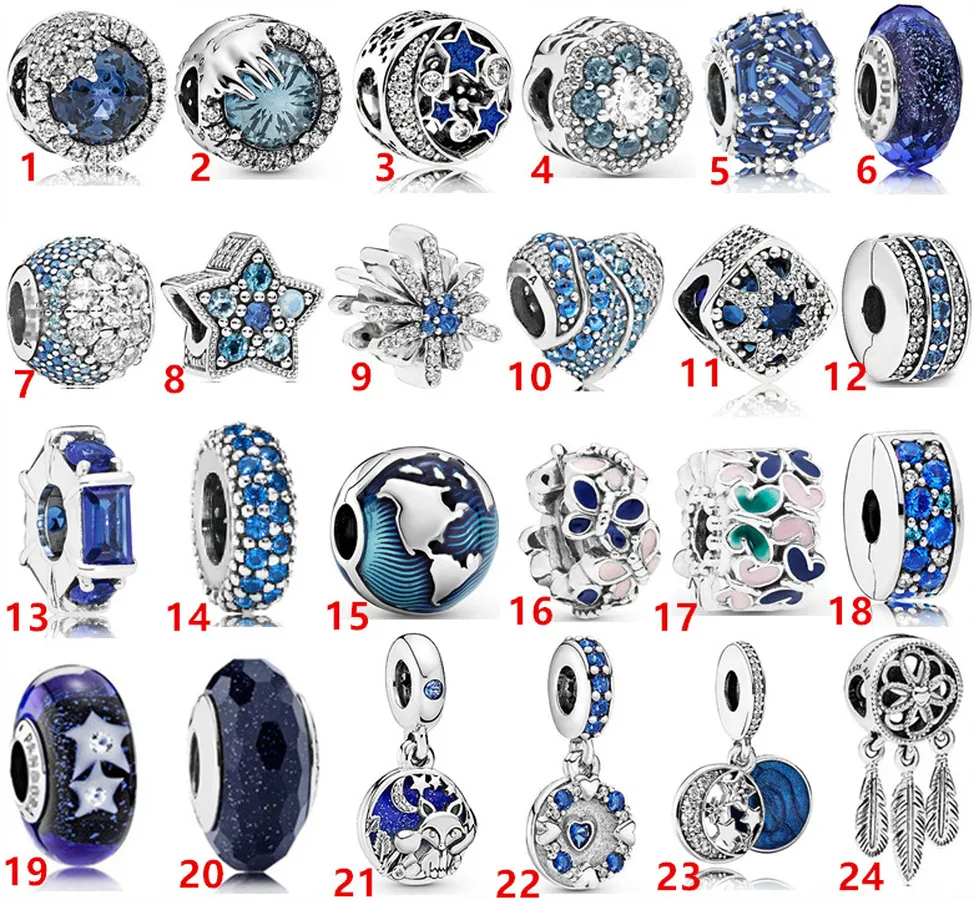 Gioielli firmati Bracciale in argento 925 Charm Bead fit Pandora Blue Star Charm Style Slide Bracciali Perline Charms stile europeo Perline Murano
