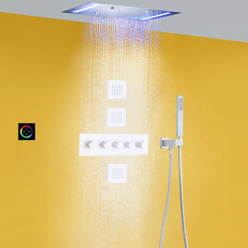 Thermostatic Set 14 X 20 Inch Rectangle Large Stainless Steel Bathroom Shower Head Atomizing Rain & LED Panel Chrome Brass Message Sprayer Body Jets