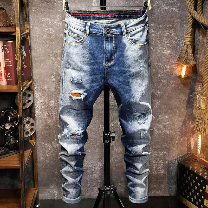Мужские джинсы для мужчин для мужчин 2021 голубой градиентный цвет разорванные брюки хип-хоп повседневная стрейч тонкий подходящий мужские узкие брюки высокого качества