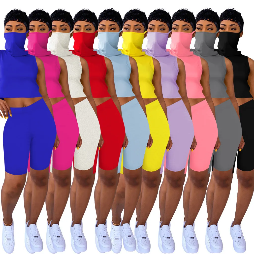 Designer 2021 Jumpsuits Mulheres Verão 2 Duas peças Outfits Tracksuits Vest Sem Mangas com Máscara Face Biker Shorts Casual Esportes Conjunto Jogar Roupas Moda
