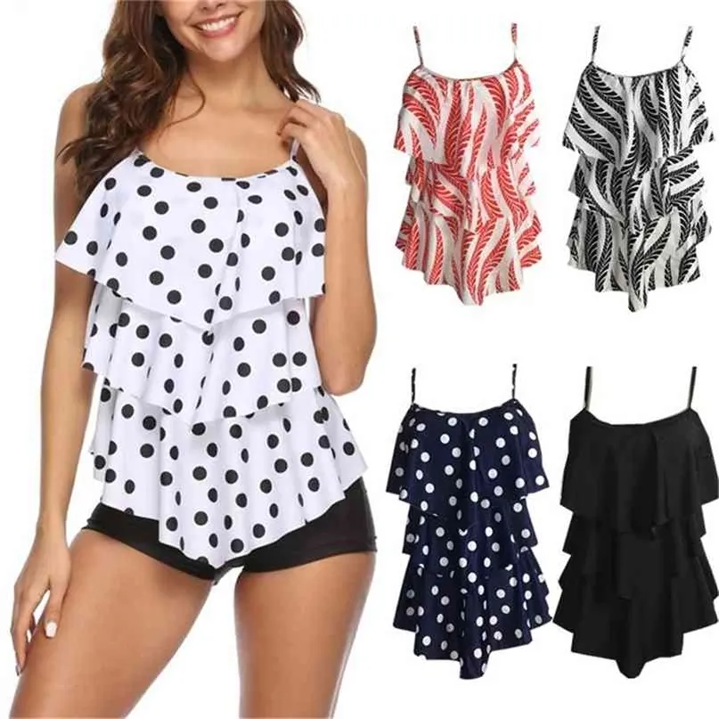 Plus Size Dois Peça Swimsuit Polka Dot Imprimir Swimwear Mulheres Ruffle Tankini Push Up Shorts Banheira Terno 2XL Pad Beach 210702