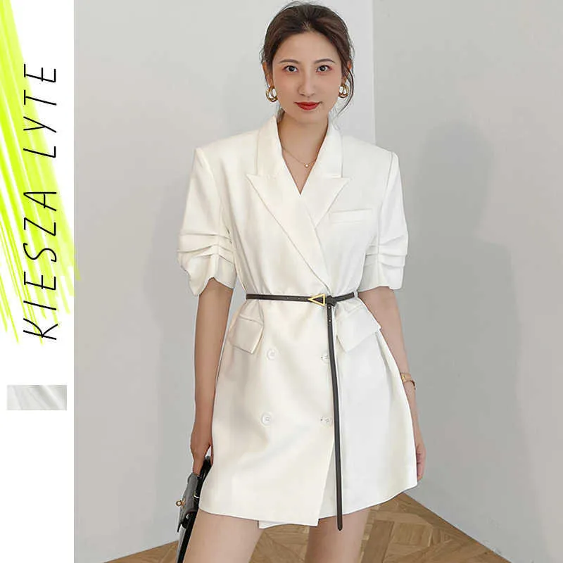Летний костюм куртка с коротким рукавом французский сплошной цвет черный белый складки пузырь талия женщина корейский стиль верхняя одежда 210608
