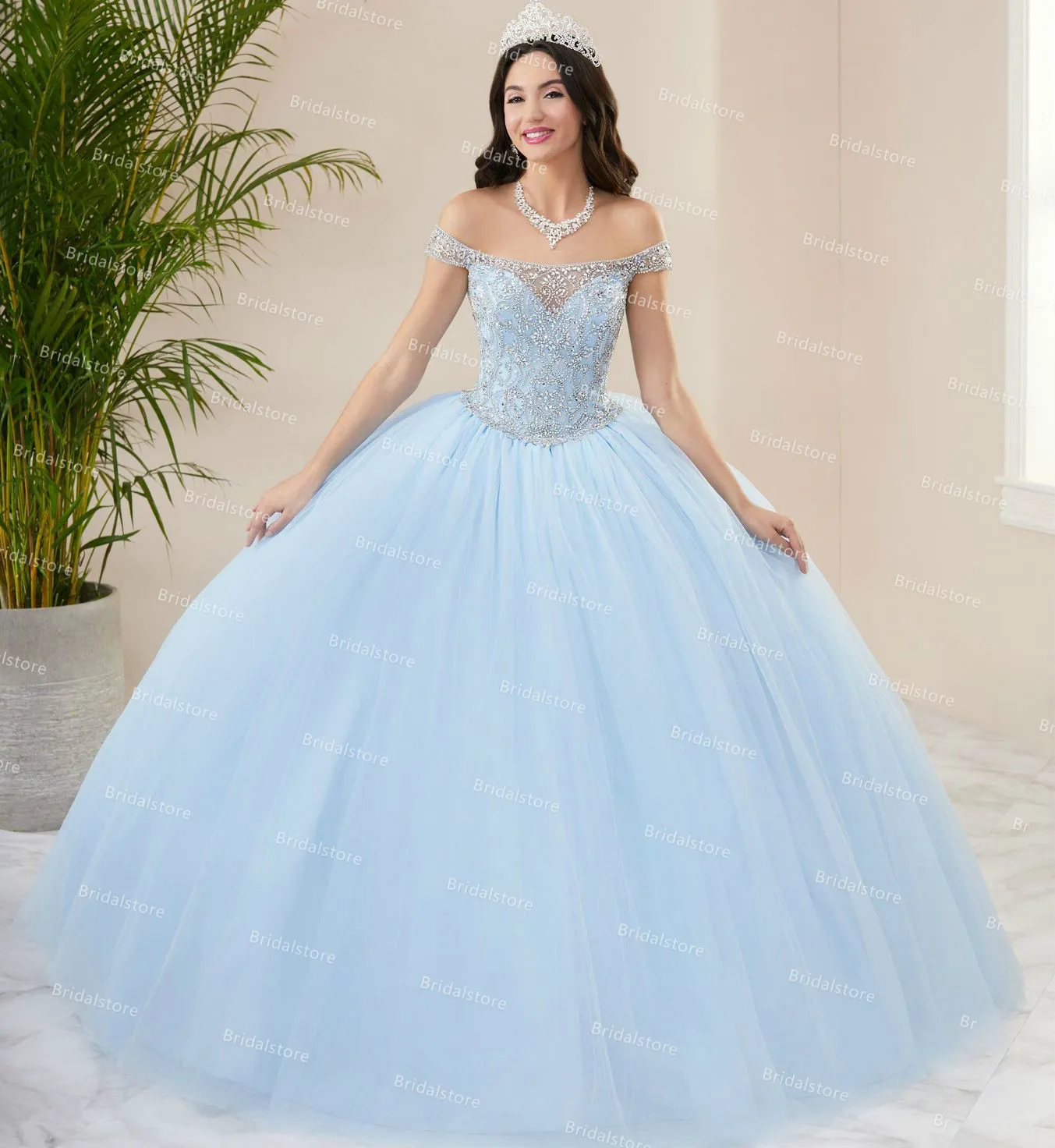 Abito da principessa in cristallo azzurro dolce 16 per abiti Quinceanera 2021 al largo dello Shoudler abito da ballo abiti da ballo di fine anno con lacci Abiti da 15 A￱os