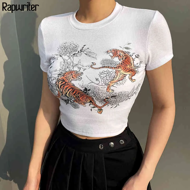 Rapwriter Casual Ribbed Tiger Printed Crop White T-Shirt Girl Summer Women Streetwear Short Sleeve Stretch Tee Top Femme 210415