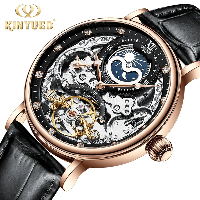 Reloj mecánico automático KINYUED, reloj de pulsera Tourbillon para hombre, mecanismo de reloj deportivo, relojes de cuerda automática, reloj informal de Luna para hombre