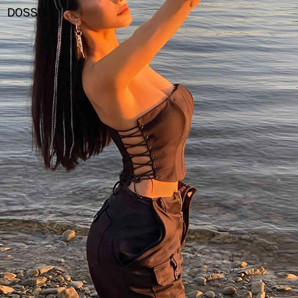 Dossni e-girl quente sexy y2k tops straplside lace up bodycon colheita tops mangaskinny puro streetwear roupas camisole x0507