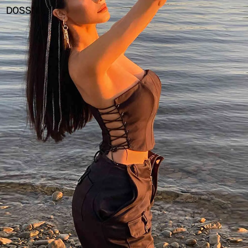 Dossni E-Girl Hot Sexy Y2K Toppar Straplside Lace Up Bodycon Crop Tops Sleevelsinny Pure Streetwear Camisole Kläder X0507