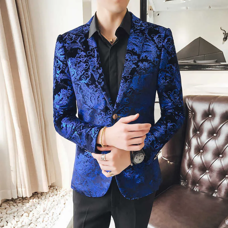 Men's Dress Floral Suit blazer hombre Lapel Slim Fit Stylish Business Casual mens blazers pius size 5XL Party Prom clothes blue 210527