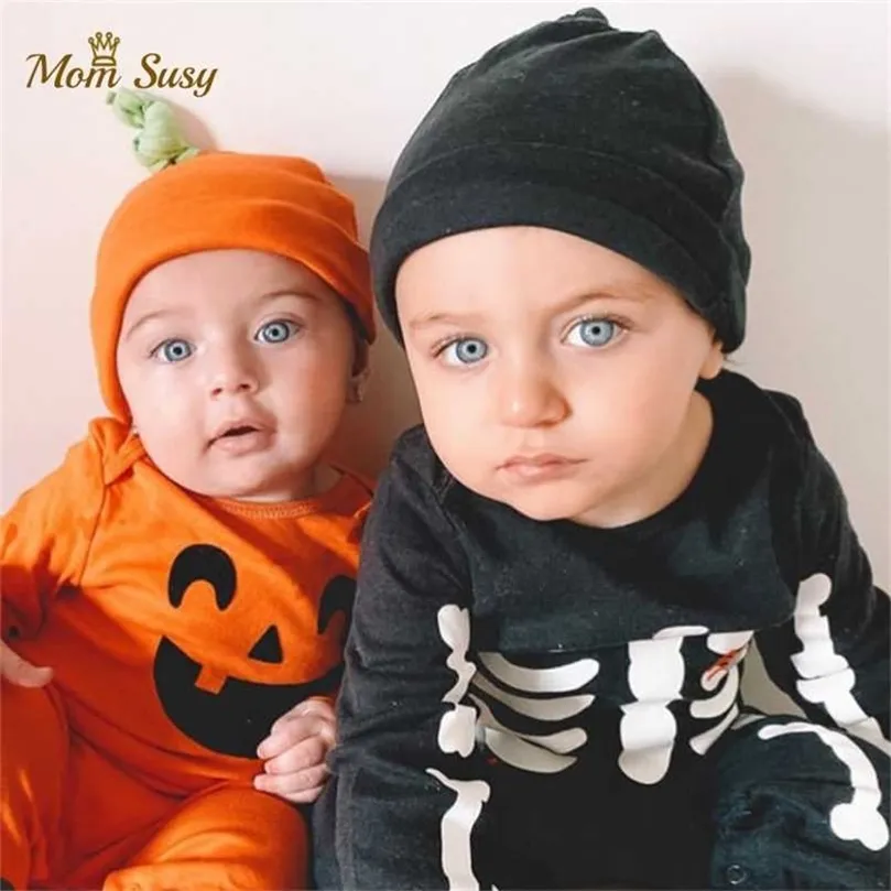 Urodzony Baby Girl Chłopiec Pajaciki Bawełniana Dynia Czaszka Druku Niemowlę Toddler Kombinezon Outfits Ropa Halloween Odzież 211011