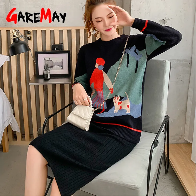 Knitted Suit Elegant Skirt Winter Sweater Casual Two-piece Vintage Warm Set for Women 210428