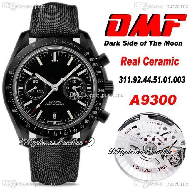 OMF V2 MoonWatch A9300 Otomatik Chronograph Erkek İzle Karanlık Yan Gerçek Seramik Durumda Siyah Kadran Naylon Kayış Süper Sürüm 2021 Saatler Puretime Y01