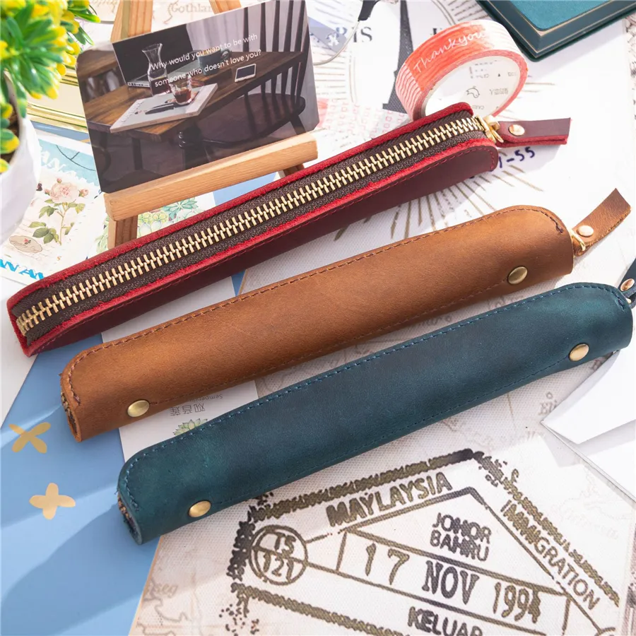 Ретро натуральная кожаный фонтан Pen Case Paend Bags Bags Protectable Protective Multeve для стилуса Anti-Toble Poughet Pouch Учитель подарки KDJK2104