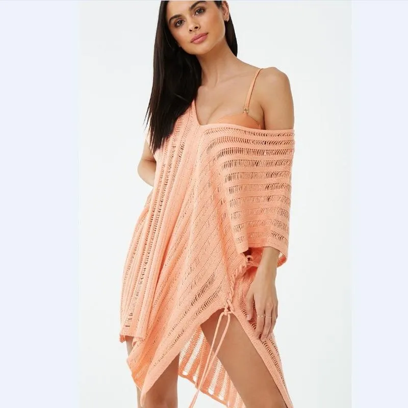 Bathing Suit Cover Up Beach Wear Polyester European And American Solid Color Hollow Knitted Holiday Sunscreen Loose Large Size Women's Swimw