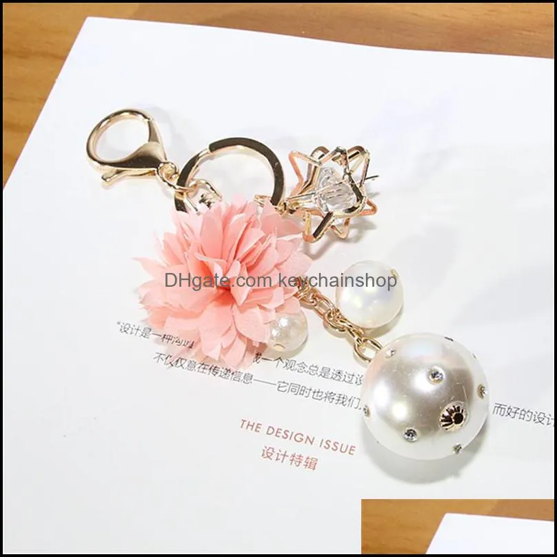 Creative Rose Rhinestone Key Chain Female Sweet Five-pointed star Bag Pendant Fashion Car Keychain Charm Pearl Flower Key Ring