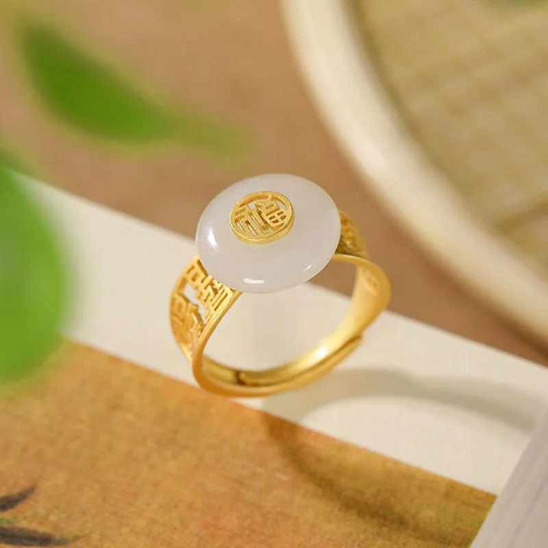 Cluster Rings Inspired Design Gold-plated Inlaid Natural Hetian Jade Round Open Ring Elegant Charm Ladies Silver Jewelry
