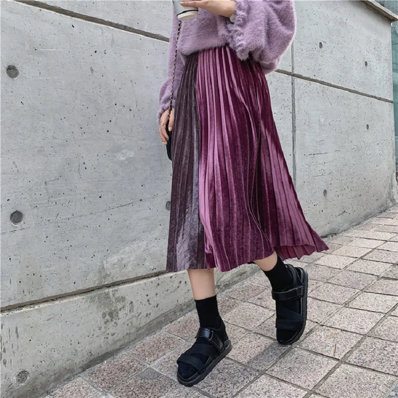 Trend Herfst Korea Fluwelen Stiksels Geplooide Rokken Joker Elegante Slanke Lange A-Lijn Geplooide Rok Mid-Calf Patchwork Rok Vrouw 210514