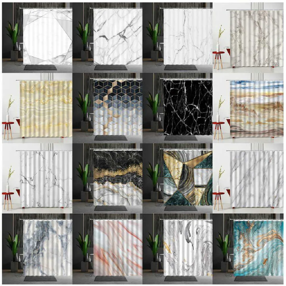 Marble Shower Curtain Set Mildew Proof Modern Bedroom Curtains Household Products Polyester Fabric Creativity Personality 210609