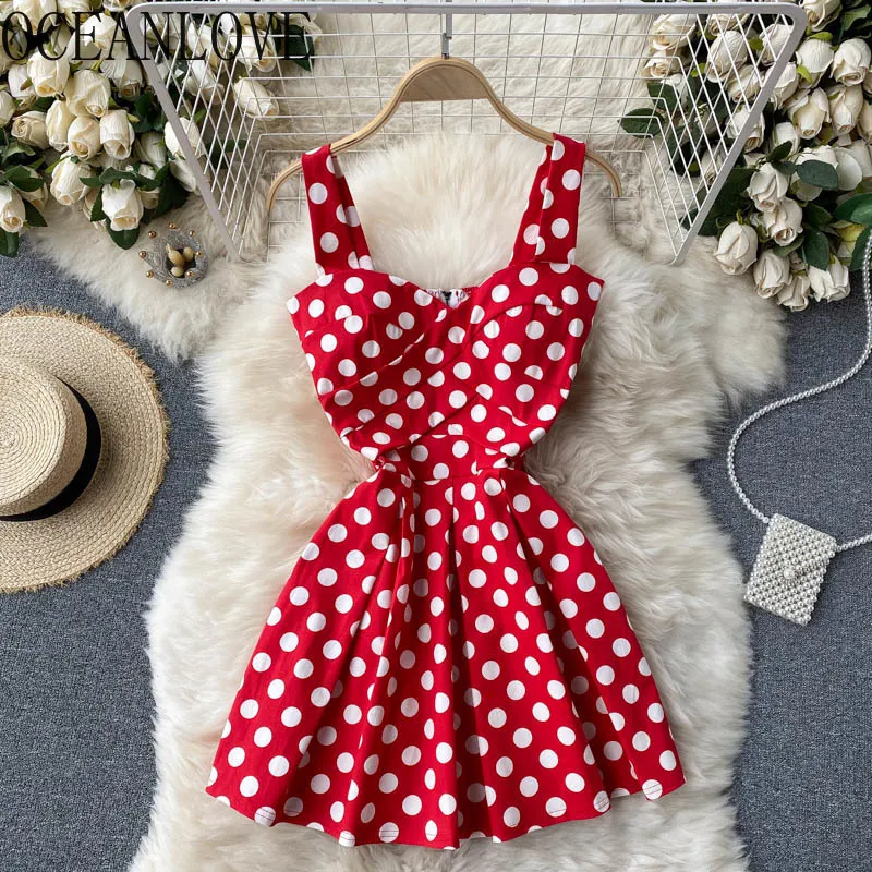 Sommarklänning för kvinnor Polka Dot A-Line V Neck Sexig Femme Robes Sweet Korean Fashion Backless Beach Style Vestidos 210415