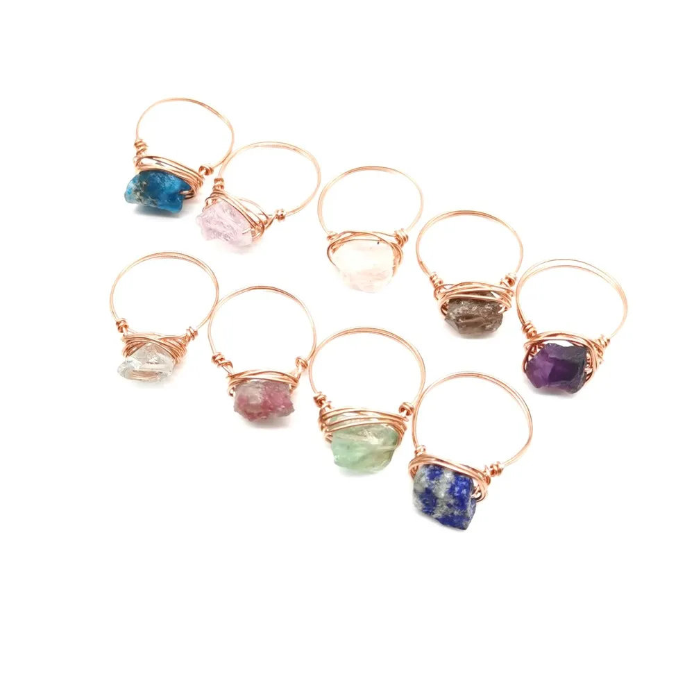 Hand Wrap Brass Wire Colorful Natural Stone Ring for Women Gift